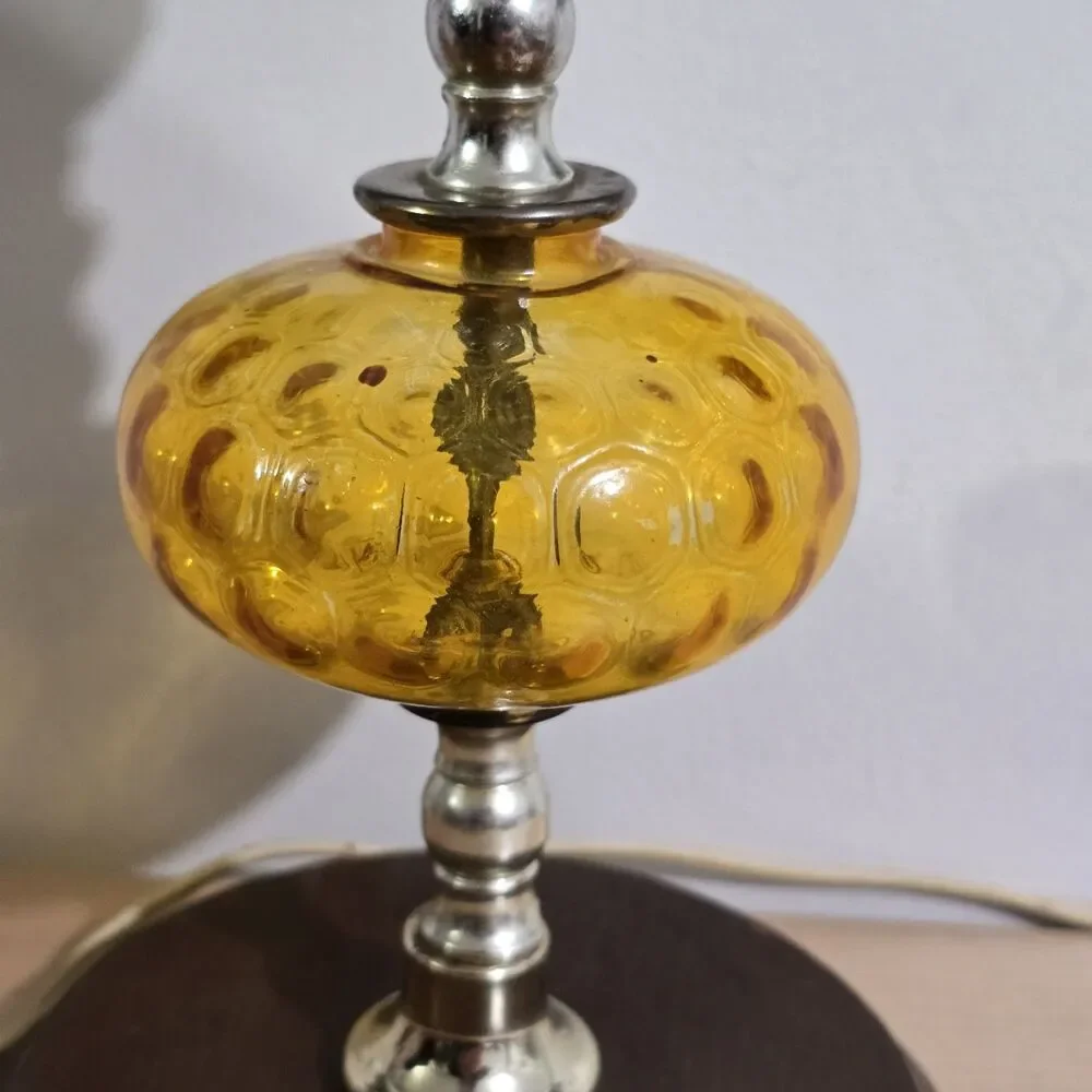 Vintage - Table Lamp - Amber Glass - Wood Base - Silvertone Post